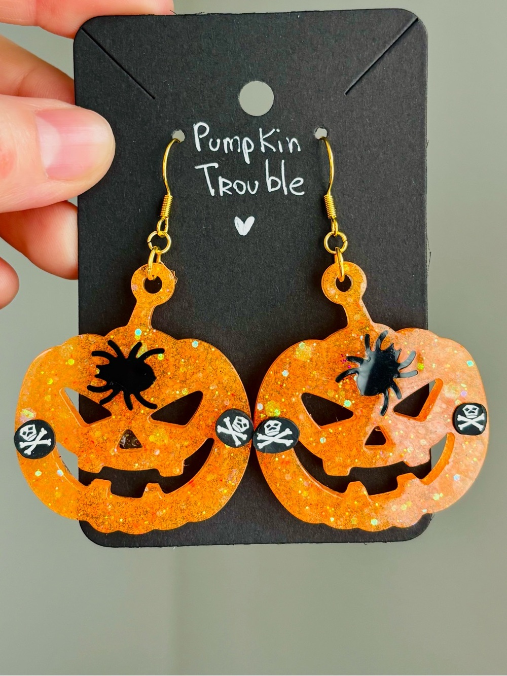 Pumpkin Trouble Earrings Orange Glitter Resin Halloween Jack O Lantern Jewelry